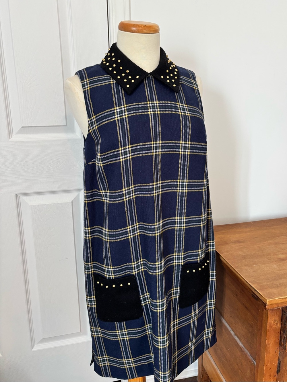 Juicy Couture Navy Plaid Sleeveless Shift Dress with Studded Black Collar